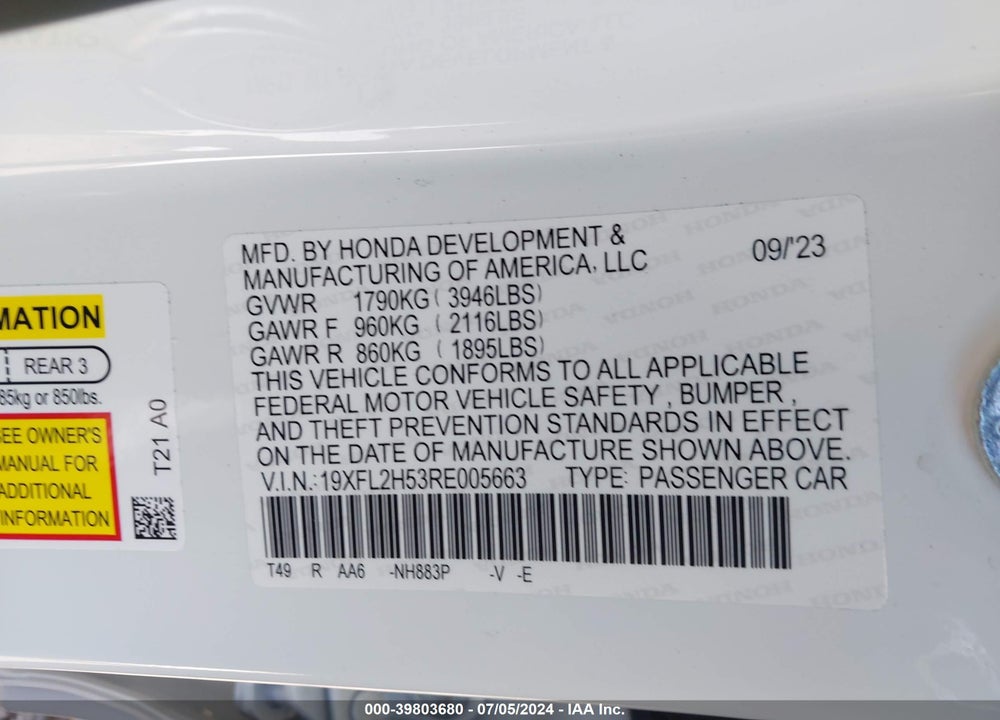 2024 HONDA CIVIC LX VIN: 19XFL2H53RE005663