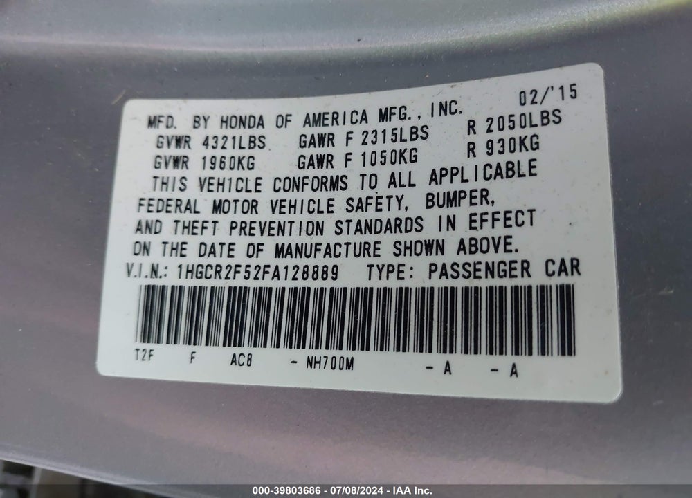 2015 HONDA ACCORD SPORT VIN: 1HGCR2F52FA128889