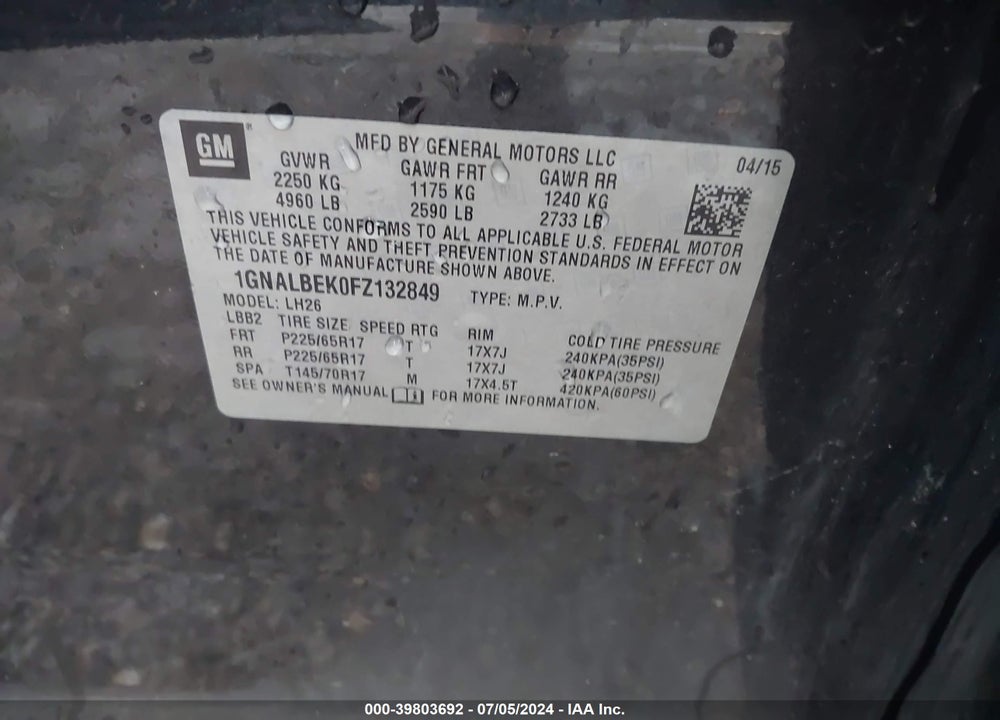 2015 CHEVROLET EQUINOX 1LT VIN: 1GNALBEK0FZ132849