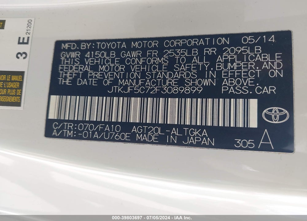 2015 SCION TC VIN: JTKJF5C72F3089899