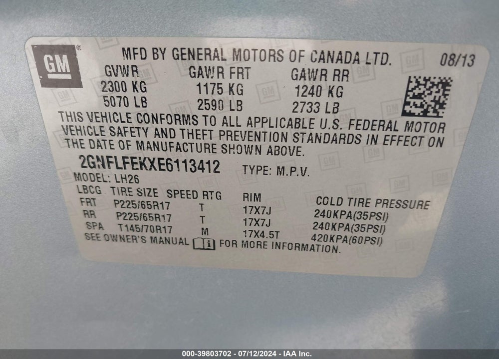 2014 CHEVROLET EQUINOX 1LT VIN: 2GNFLFEKXE6113412
