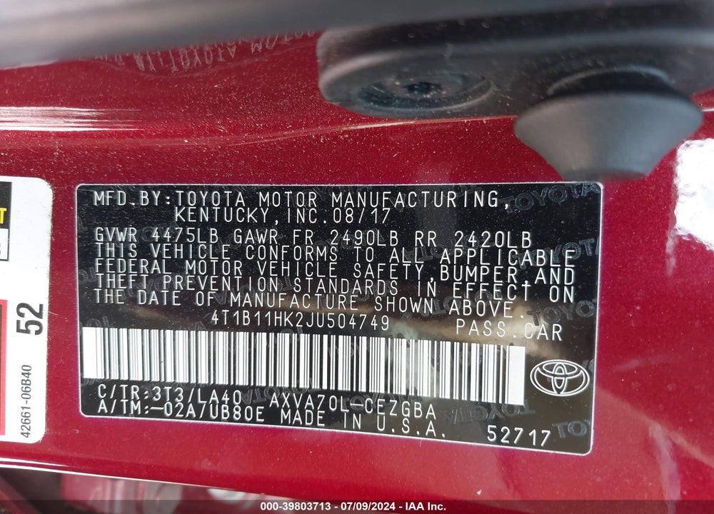 2018 TOYOTA CAMRY XLE VIN: 4T1B11HK2JU504749