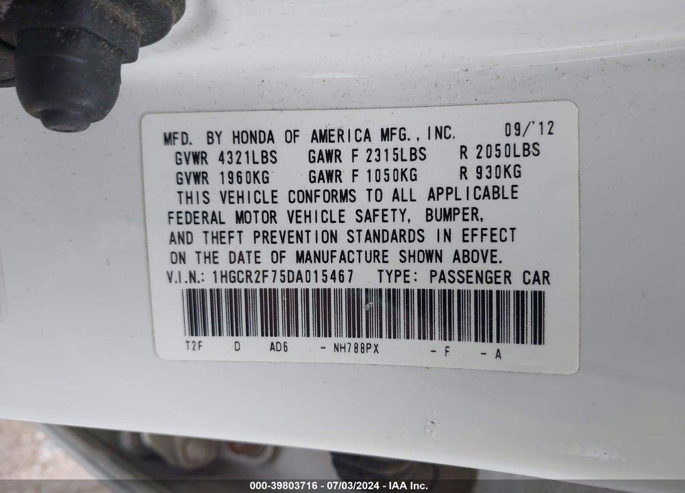 2013 HONDA ACCORD EX VIN: 1HGCR2F75DA015467