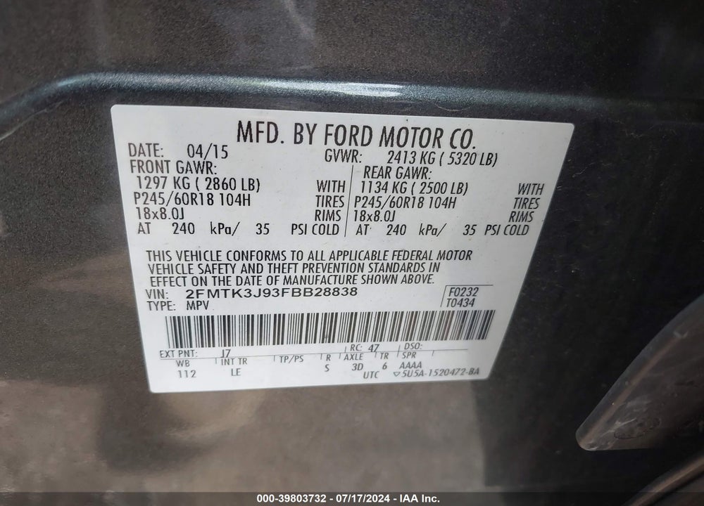 2015 FORD EDGE SEL VIN: 2FMTK3J93FBB28838