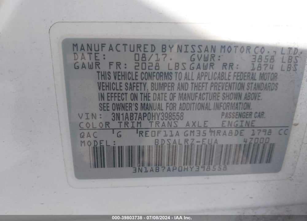 2017 NISSAN SENTRA SR VIN: 3N1AB7AP0HY398558