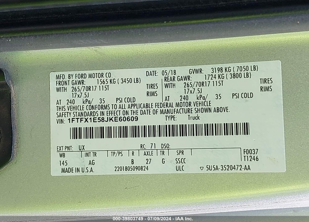 2018 FORD F-150 XL VIN: 1FTFX1E58JKE60609