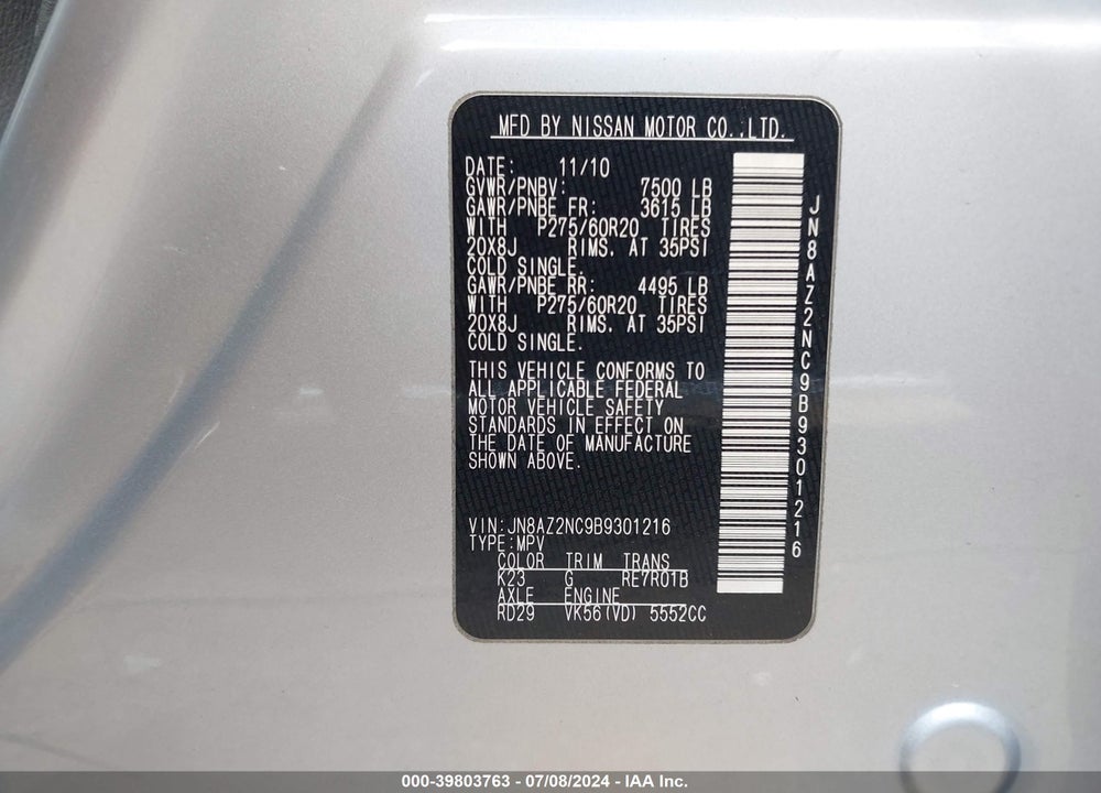 2011 INFINITI QX56 VIN: JN8AZ2NC9B9301216