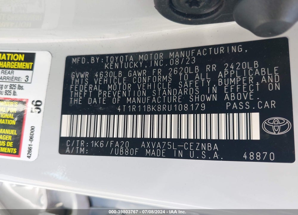2024 TOYOTA CAMRY LE VIN: 4T1R11BK8RU108179