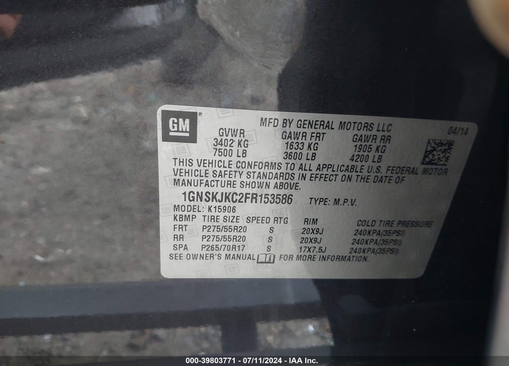 2015 CHEVROLET SUBURBAN 1500 LT VIN: 1GNSKJKC2FR153586