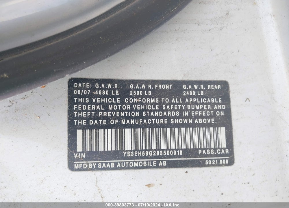 2008 SAAB 9-5 AERO VIN: YS3EH59G283500918
