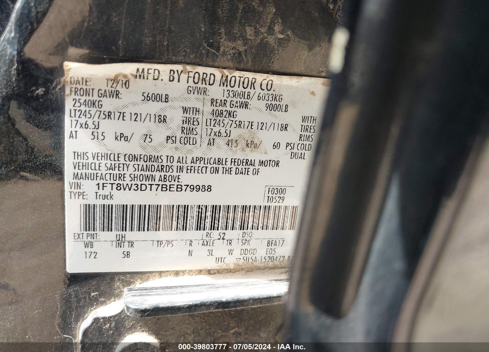 2011 FORD F-350 LARIAT VIN: 1FT8W3DT7BEB79988