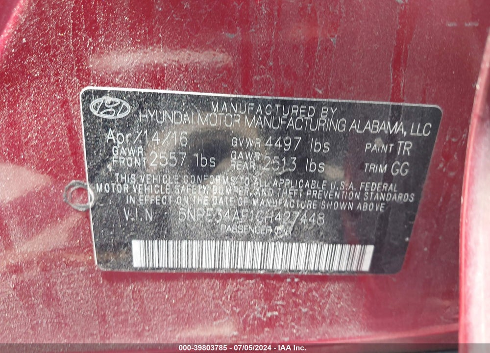 2016 HYUNDAI SONATA SPORT VIN: 5NPE34AF1GH427448