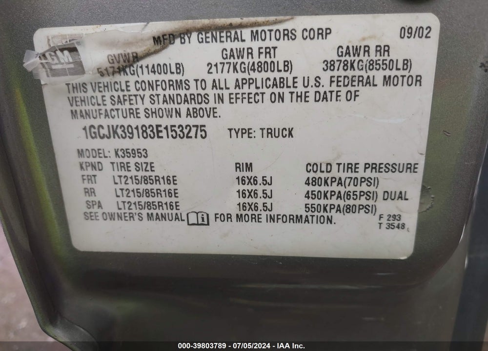 2003 CHEVROLET SILVERADO 3500 LS VIN: 1GCJK39183E153275
