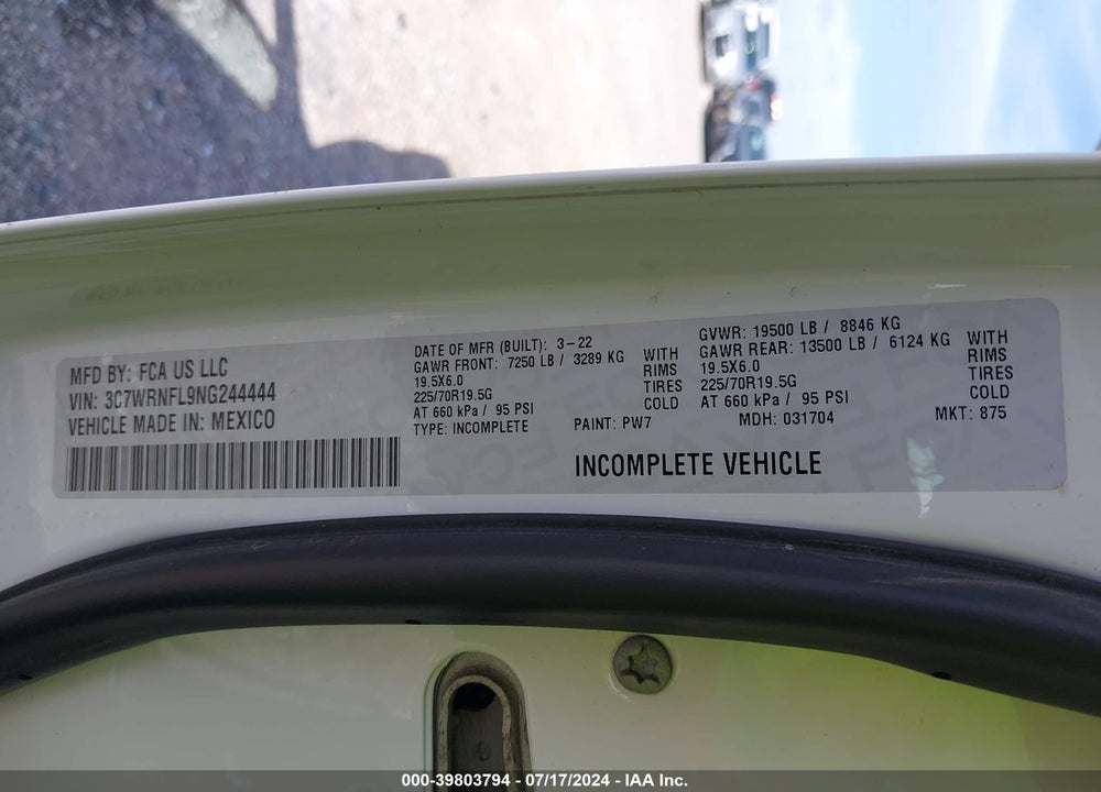 2022 RAM 5500 CHASSIS TRADESMAN/SLT/LAIE/LIMITED VIN: 3C7WRNFL9NG244444