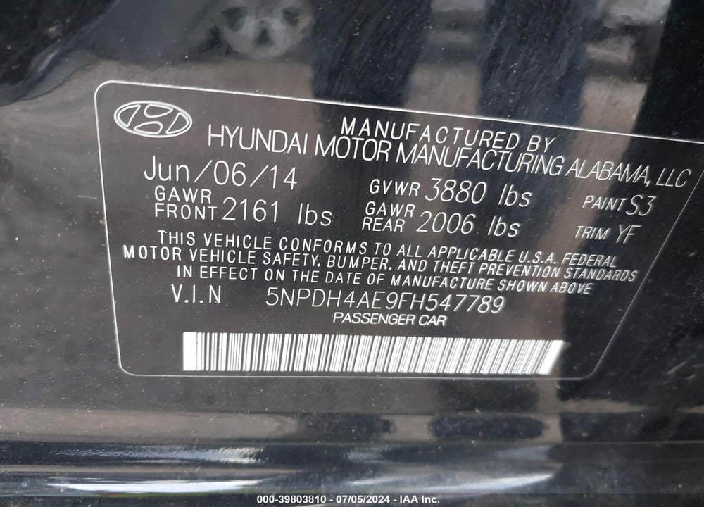 2015 HYUNDAI ELANTRA SE VIN: 5NPDH4AE9FH547789