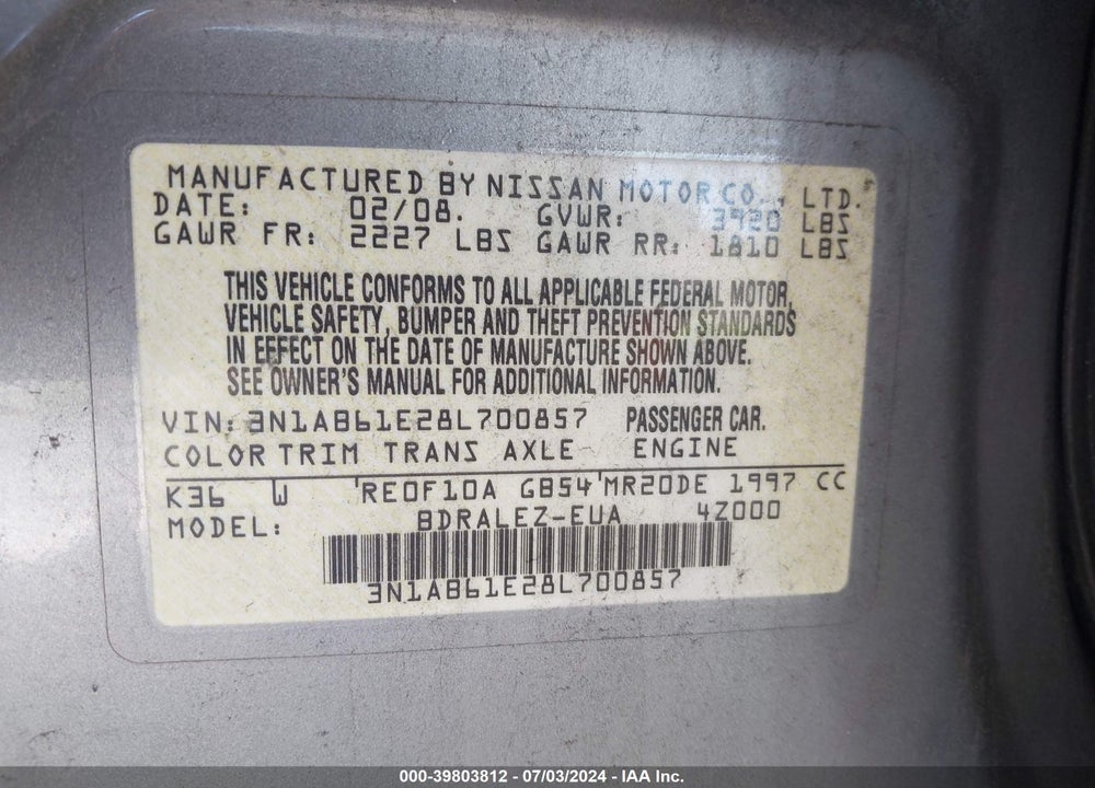 2008 NISSAN SENTRA VIN: 3N1AB61E28L700857