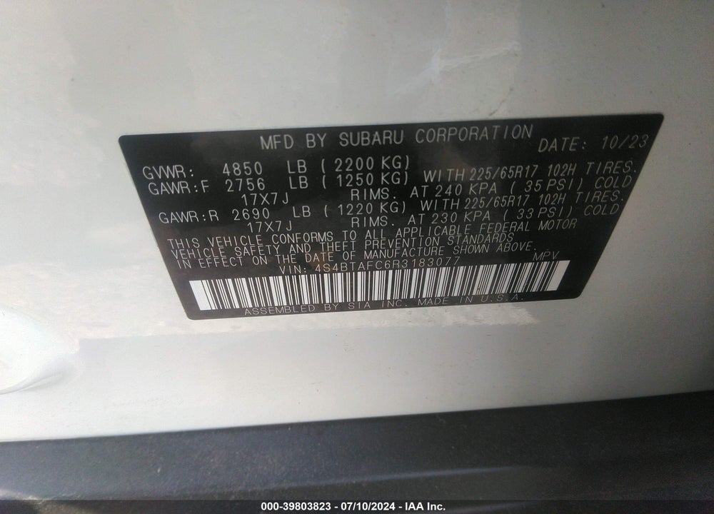2024 SUBARU OUTBACK PREMIUM VIN: 4S4BTAFC6R3183077