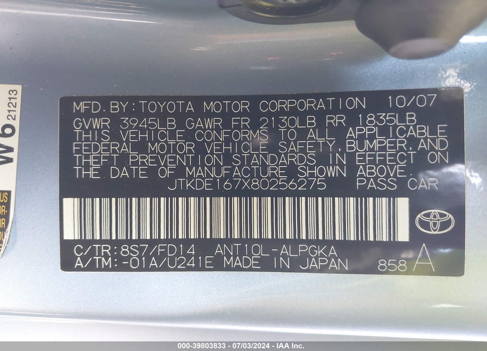 2008 SCION TC VIN: JTKDE167X80256275