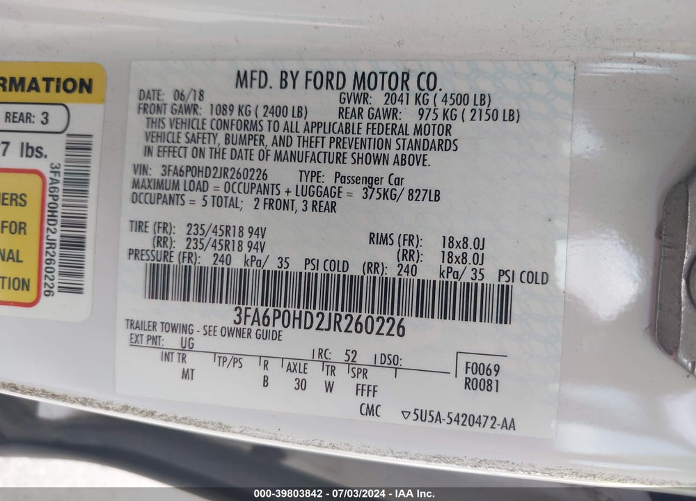 2018 FORD FUSION SE VIN: 3FA6P0HD2JR260226