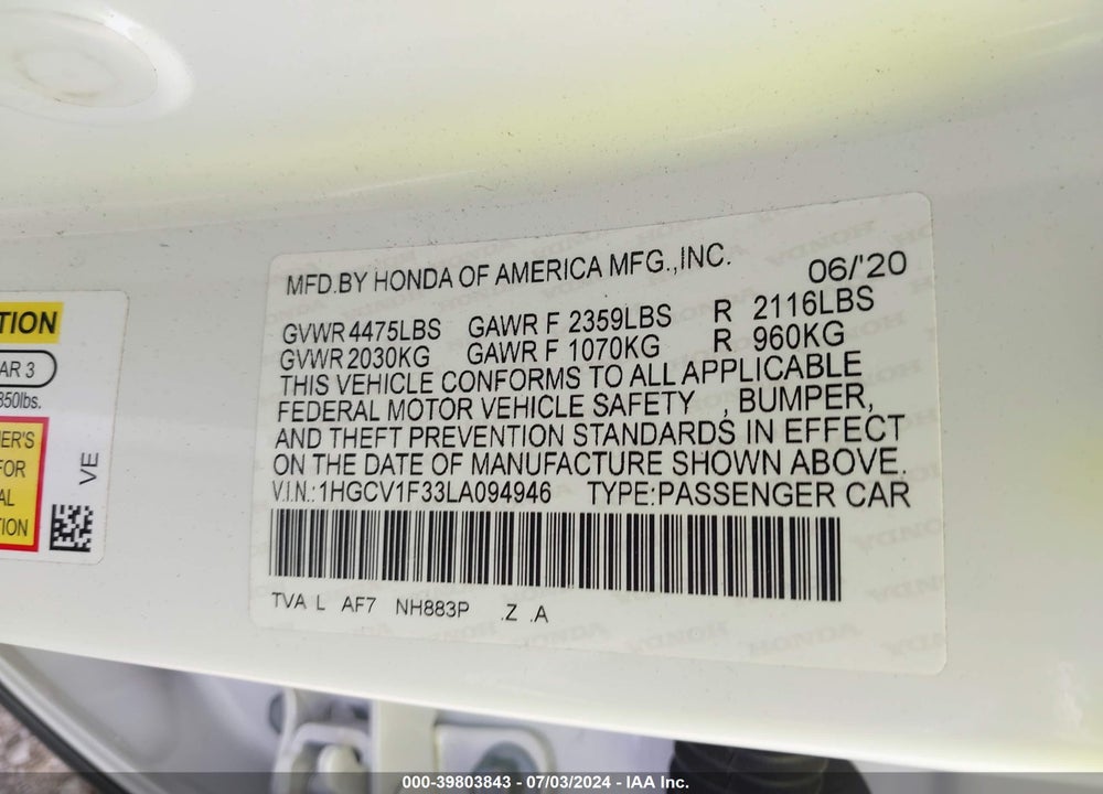 2020 HONDA ACCORD SPORT VIN: 1HGCV1F33LA094946
