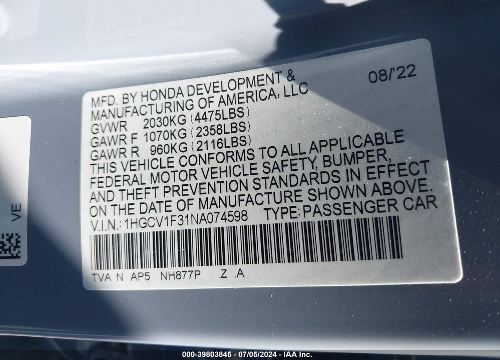 2022 HONDA ACCORD VIN: 1HGCV1F31NA074598