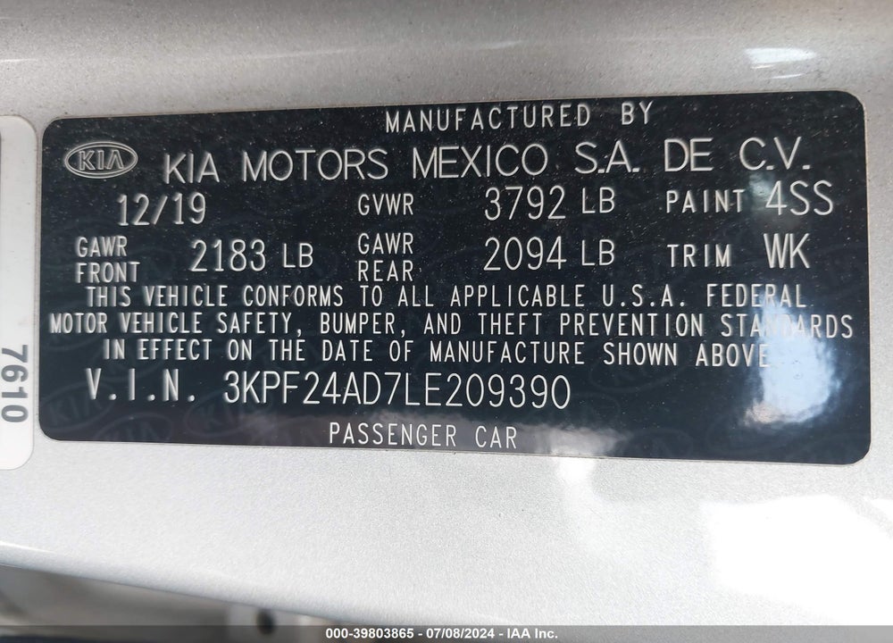 2020 KIA FORTE LXS VIN: 3KPF24AD7LE209390