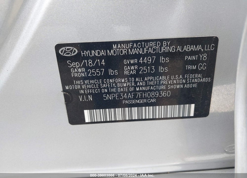2015 HYUNDAI SONATA LIMITED VIN: 5NPE34AF7FH089360