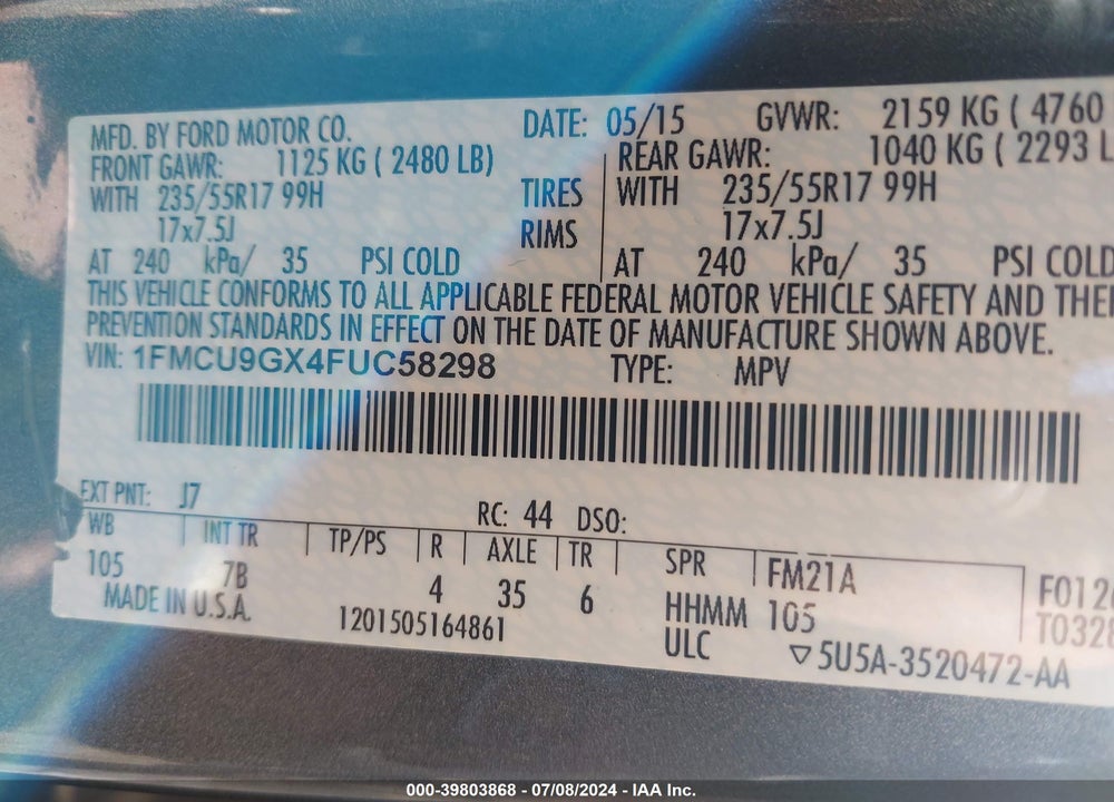 2015 FORD ESCAPE SE VIN: 1FMCU9GX4FUC58298