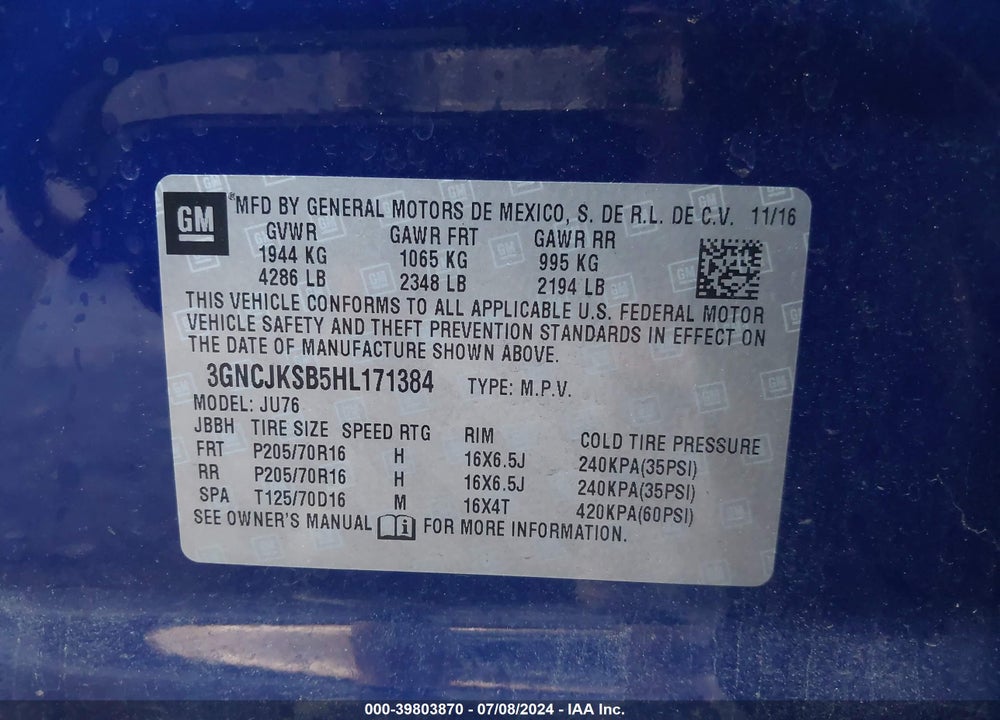 2017 CHEVROLET TRAX LS VIN: 3GNCJKSB5HL171384