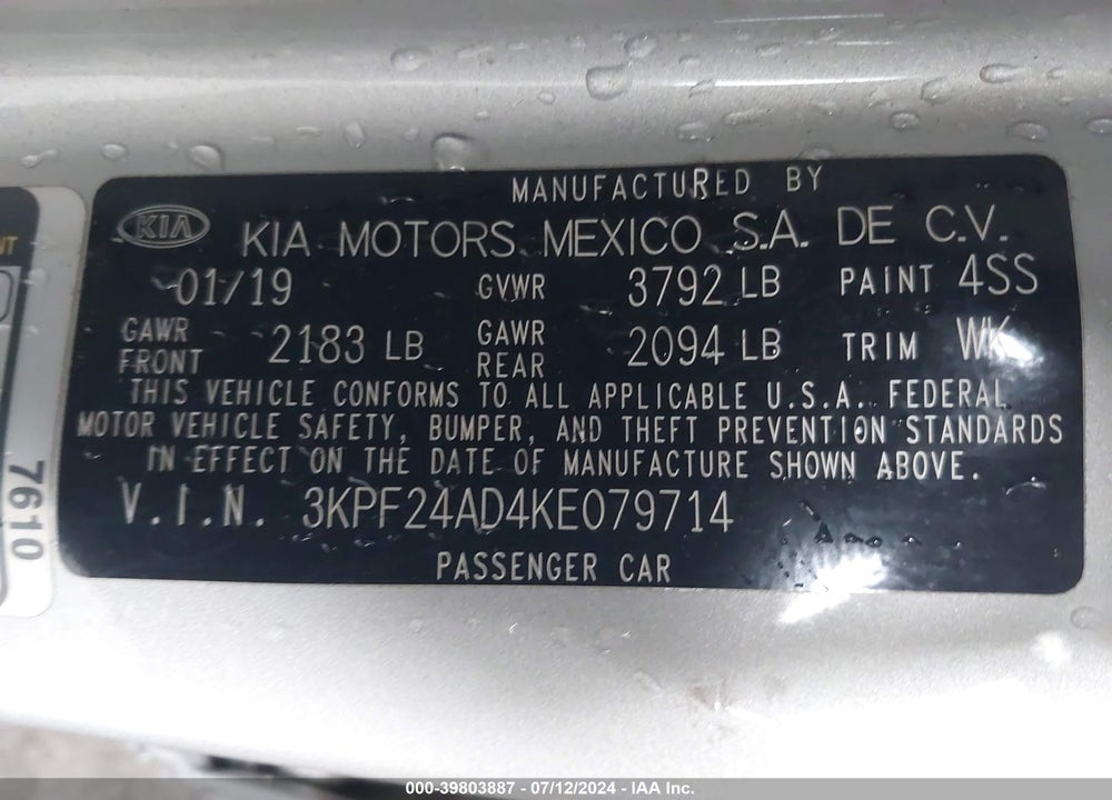 2019 KIA FORTE LXS VIN: 3KPF24AD4KE079714