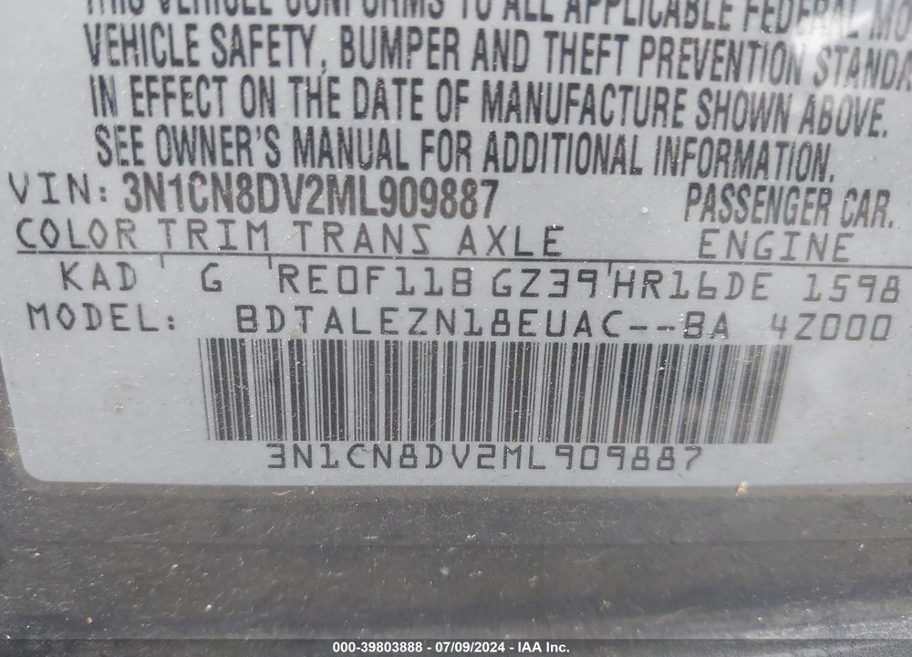 2021 NISSAN VERSA S XTRONIC CVT VIN: 3N1CN8DV2ML909887