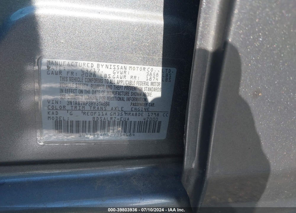 2017 NISSAN SENTRA SR VIN: 3N1AB7AP3HY314684