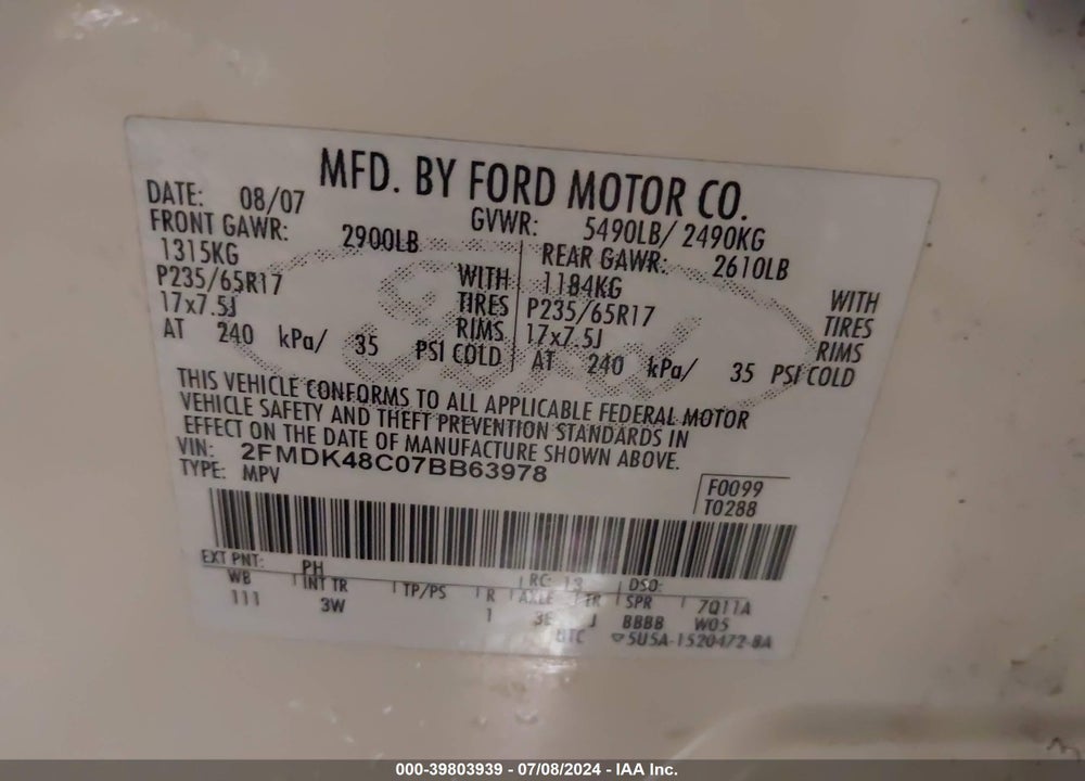 2007 FORD EDGE SEL VIN: 2FMDK48C07BB63978