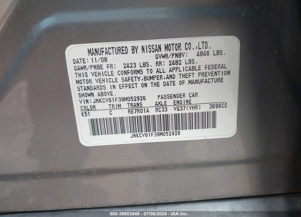 2009 INFINITI G37X VIN: JNKCV61F39M052926