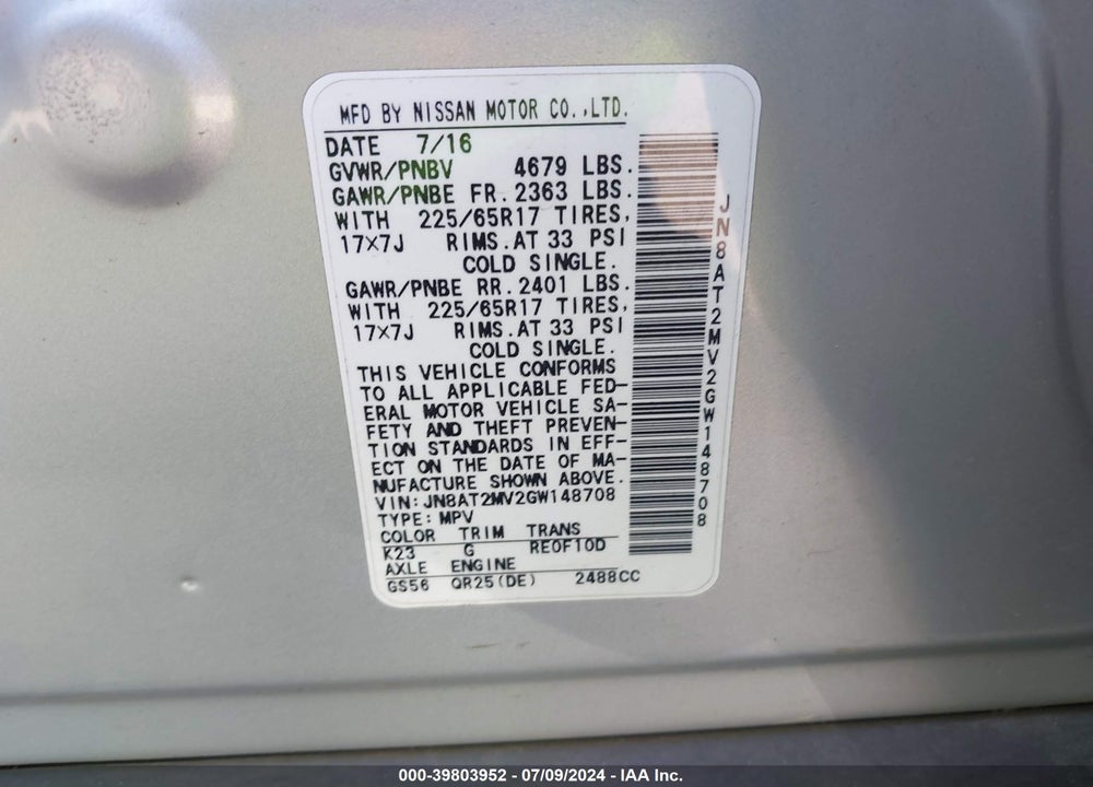2016 NISSAN ROGUE S VIN: JN8AT2MV2GW148708
