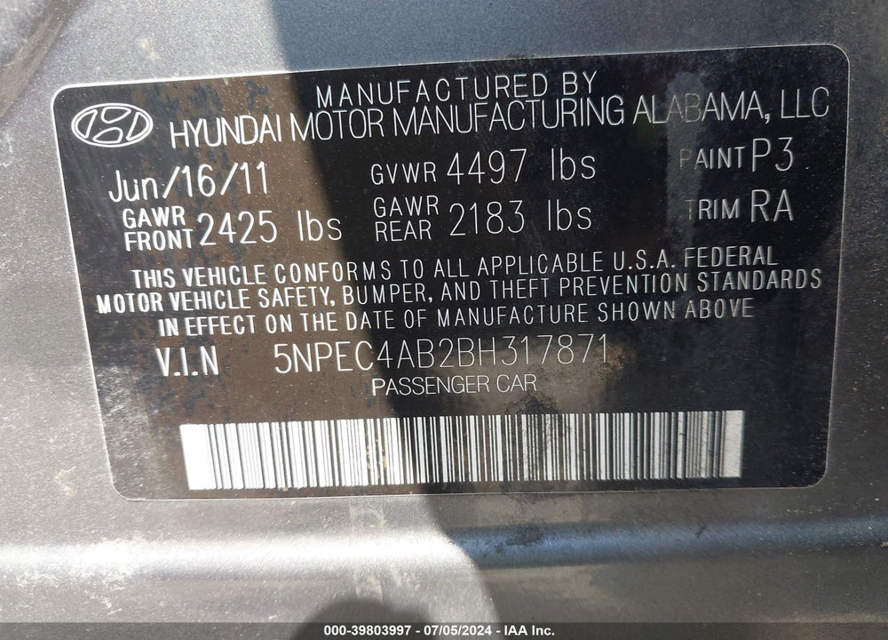 2011 HYUNDAI SONATA SE 2.0T VIN: 5NPEC4AB2BH317871