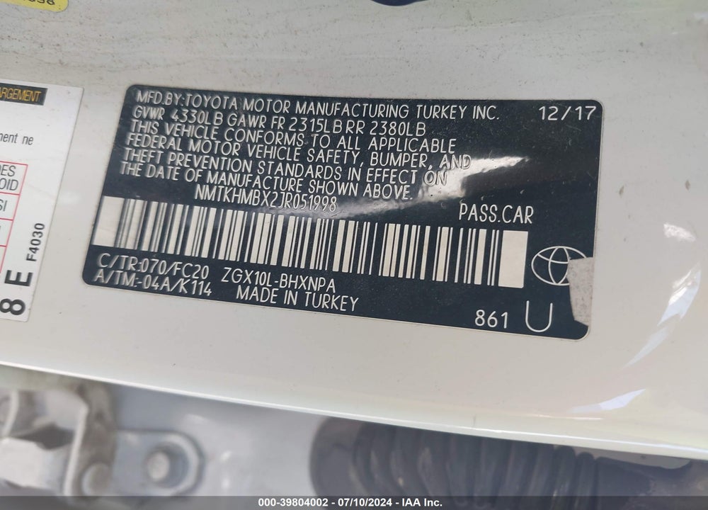 2018 TOYOTA C-HR XLE VIN: NMTKHMBX2JR051998
