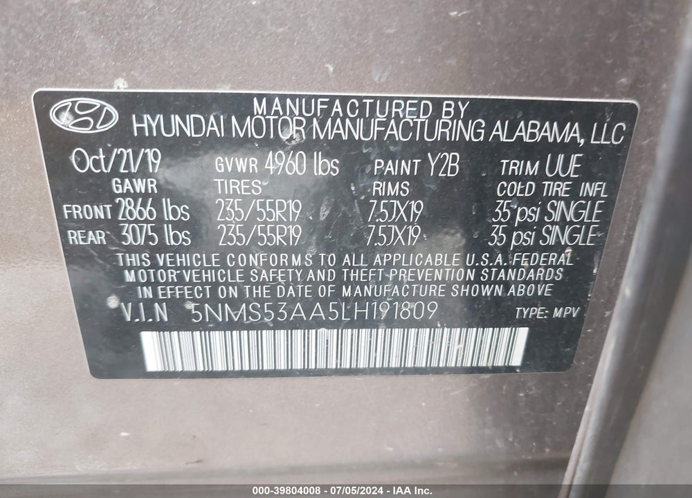 2020 HYUNDAI SANTA FE LIMITED 2.0T VIN: 5NMS53AA5LH191809