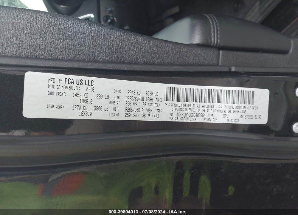 2016 DODGE DURANGO SXT VIN: 1C4RDHAG6GC483864