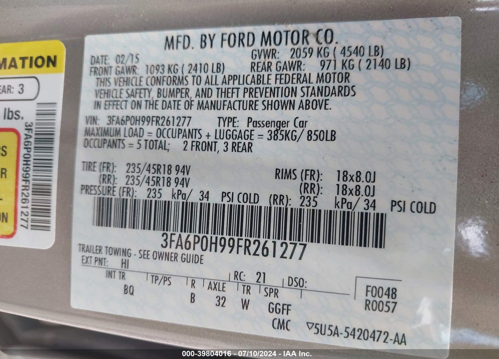 2015 FORD FUSION SE VIN: 3FA6P0H99FR261277