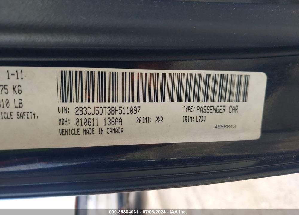 2011 DODGE CHALLENGER R/T VIN: 2B3CJ5DT3BH511097