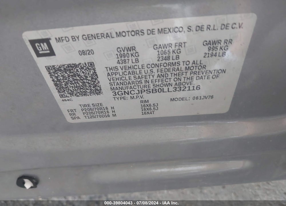 2020 CHEVROLET TRAX AWD LT VIN: 3GNCJPSB0LL332116