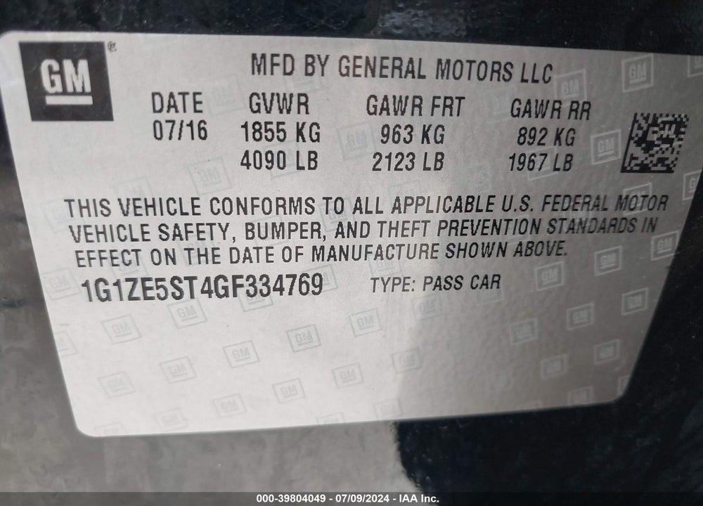 2016 CHEVROLET MALIBU 1LT VIN: 1G1ZE5ST4GF334769