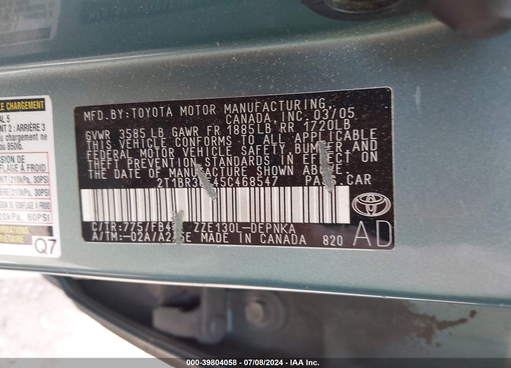 2005 TOYOTA COROLLA LE VIN: 2T1BR30E45C468547