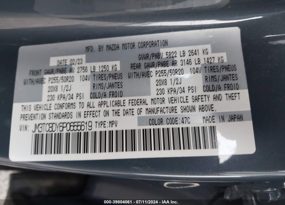 2023 MAZDA CX-9 CARBON EDITION VIN: JM3TCBDY6P0655619