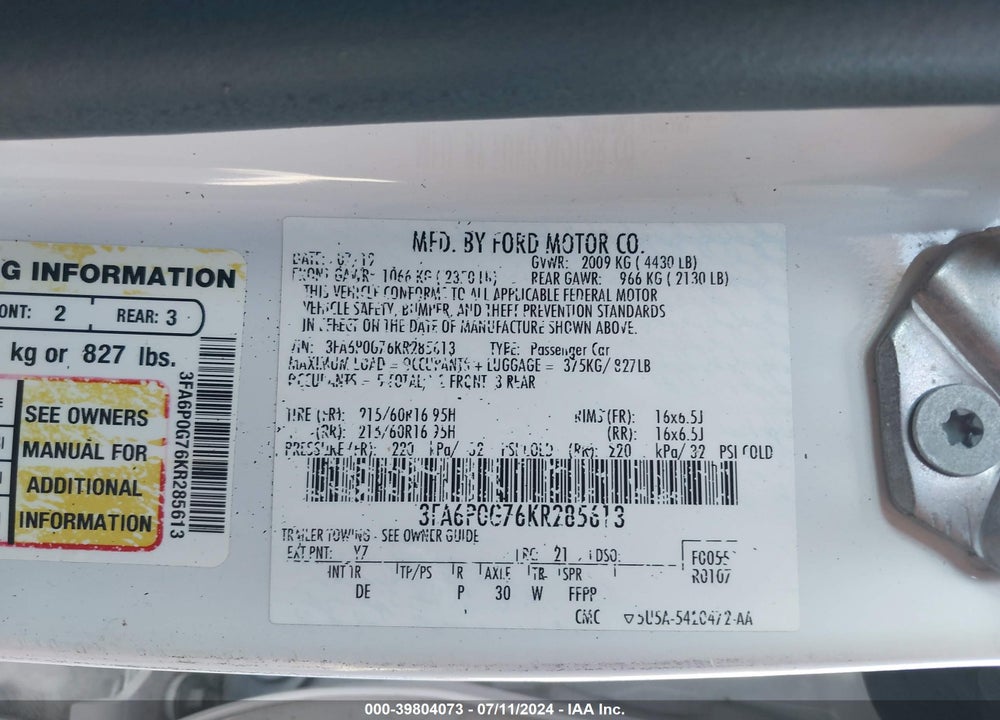 2019 FORD FUSION S VIN: 3FA6P0G76KR285613