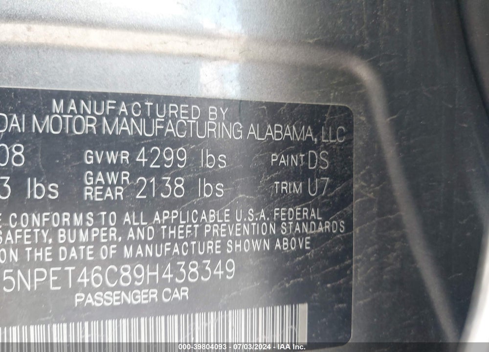 2009 HYUNDAI SONATA GLS VIN: 5NPET46C89H438349