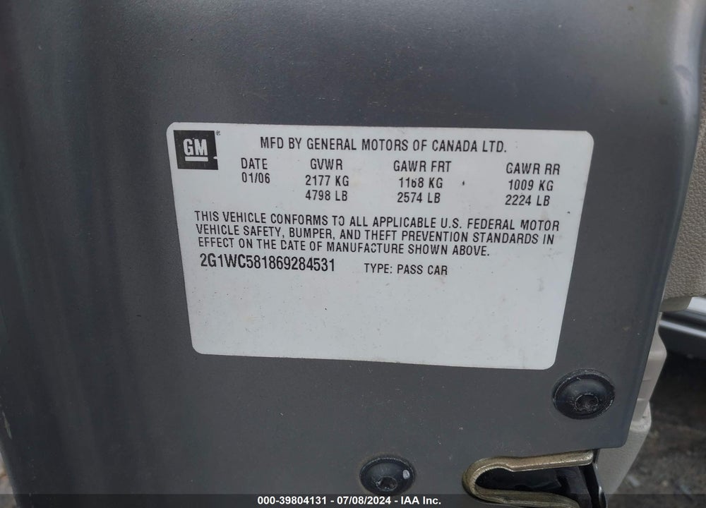 2006 CHEVROLET IMPALA VIN: 2G1WC581869284531