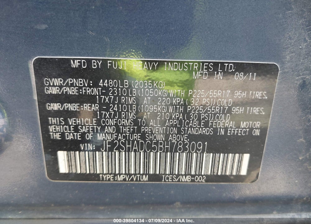 2011 SUBARU FORESTER 2.5X PREMIUM VIN: JF2SHADC5BH783091