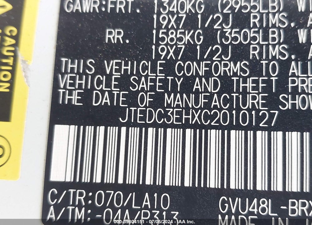 2012 TOYOTA HIGHLANDER HYBRID LIMITED V6 VIN: JTEDC3EHXC2010127